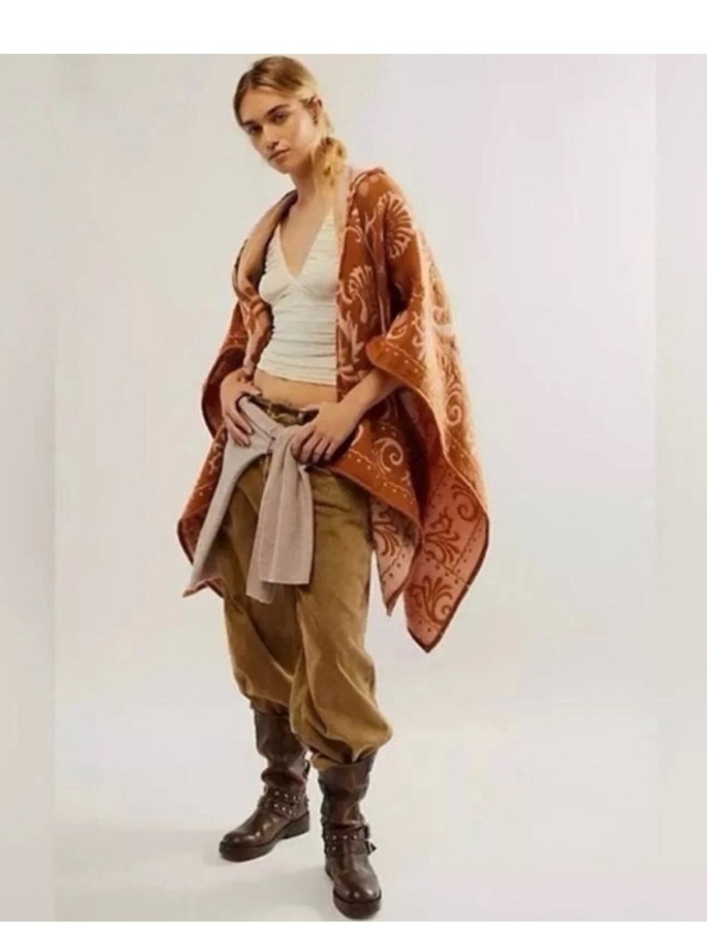 Free People Rust & Cream Printed Draped Kimono